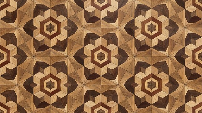 Decorative timber mosaic tile design for interior architecture, smooth parquet floor texture, and geometric wood inlay pattern
