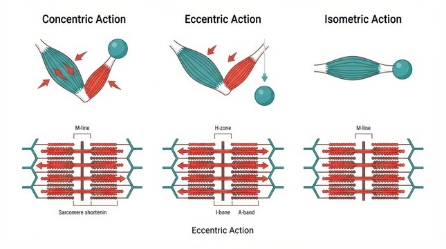 Depiction of muscle fiber sarcomere showing actin and myosin during different actions. Concepts of muscle contraction are illustrated in detail.