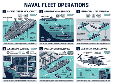 Naval fleet operations show aircraft carrier deck activity submarine diving sequence destroyer escort formation sonar radar scanning naval docking procedures maritime patrol helicopter