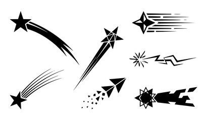 Dynamic shooting stars with varied trajectories and speed streaks black white vector artwork © MDASADUL