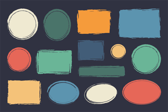 Abstract design set featuring distressed colorful grunge frames, circles, and rectangles on a dark background.