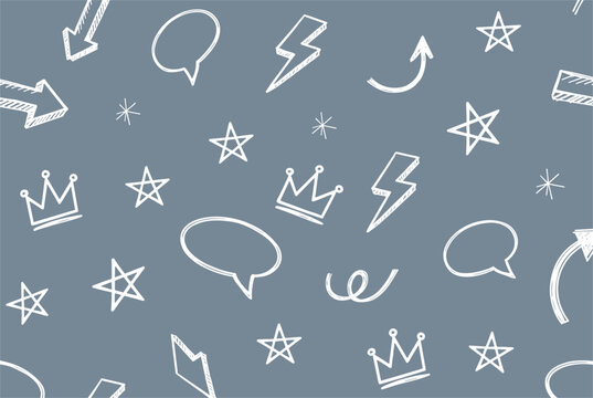 Seamless background pattern showing white hand drawn doodles of stars, crowns, and speech bubbles on dusty blue.