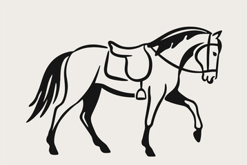 Obraz premium Beautiful black horse outline illustration showing a walking stallion with a saddle on a light beige background.
