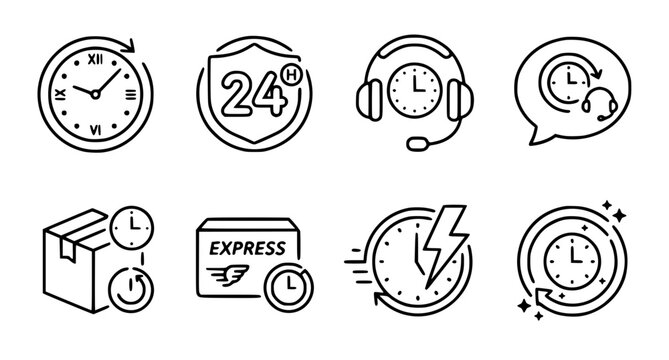 24 hour service support delivery and availability vector icon set