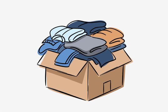 Cardboard box overflowing with neatly folded clothing items as donations or packing for a house moving day.