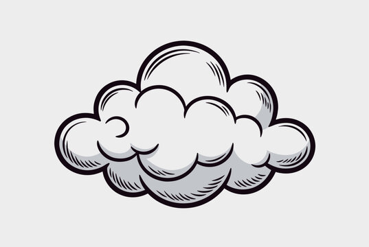 Beautiful and detailed single fluffy cloud illustration in classic vintage engraving style on a light grey background.