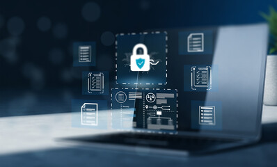 Fototapeta premium Digital Security Concepts with Lock Icon and Data Protection Interface Featuring Touch Interaction and Virtual Elements.
