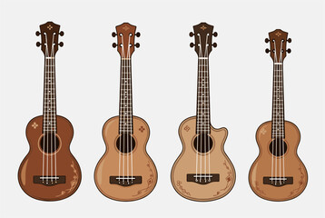 Obraz premium Set of four beautiful acoustic ukulele guitars with various natural wood tones, floral carvings, and headstock shapes.