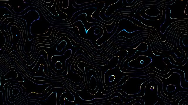 seamless fractal animation, abstract neon topographic lines on black background with colorful wavy line glowing with colorful gradient in ultraviolet
