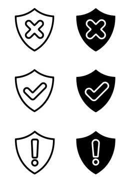 Shield icons set with check mark, cross and exclamation mark for security status symbols.