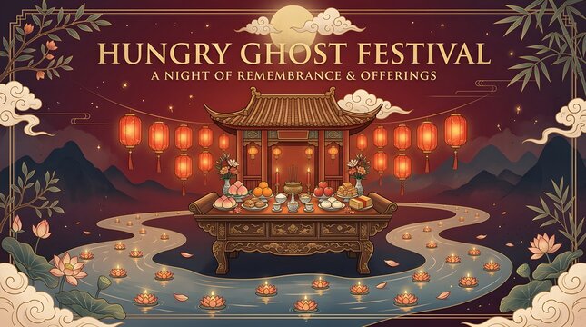 Traditional chinese temple with offerings depicts the hungry ghost festival illustration
