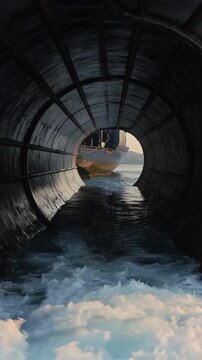 Vertical video: Surging incoming wave crashing into metal tunnel on ship, revealing distant hull