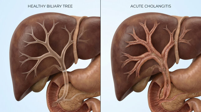 Comparison of a Healthy Biliary Tree and Acute Cholangitis