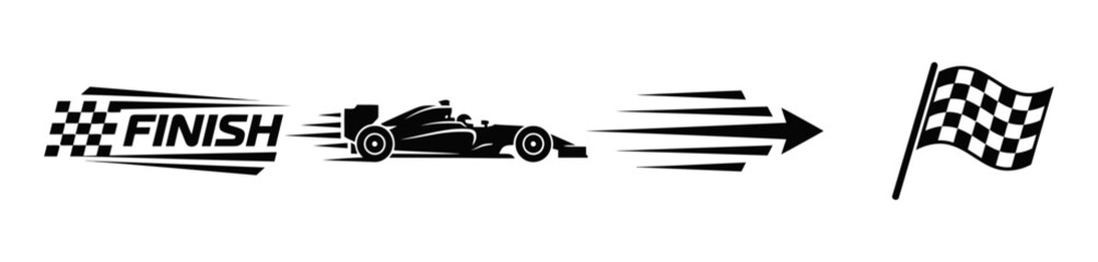 Fototapeta premium Black and white silhouette of a fast formula racing car crossing the finish line with a checkered flag