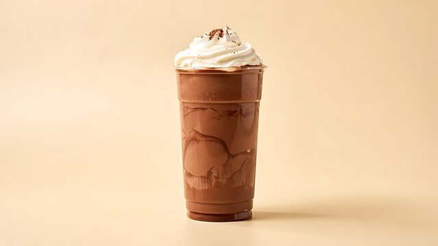 Chocolate milkshake with whipped cream in a plastic cup on a beige background