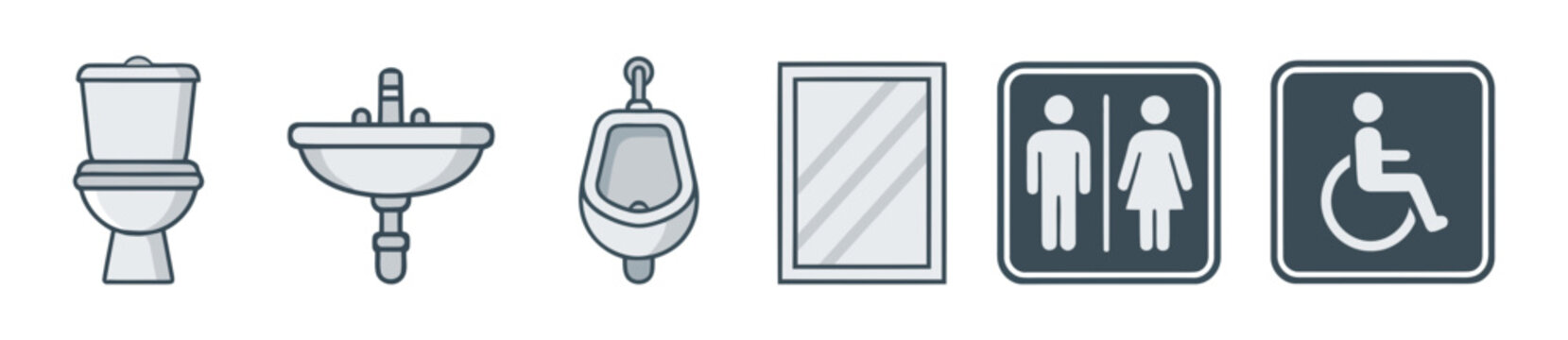 Set of public restroom icons featuring a toilet sink urinal mirror and accessible signage for commercial building design