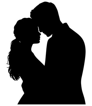 A black silhouette of a romantic couple standing close together, facing each other with their heads touching in an intimate and affectionate embrace, isolated on white