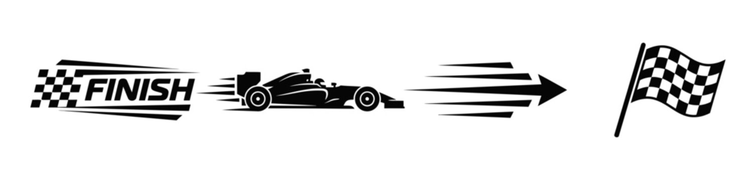 Black and white silhouette of a fast formula racing car crossing the finish line with a checkered flag