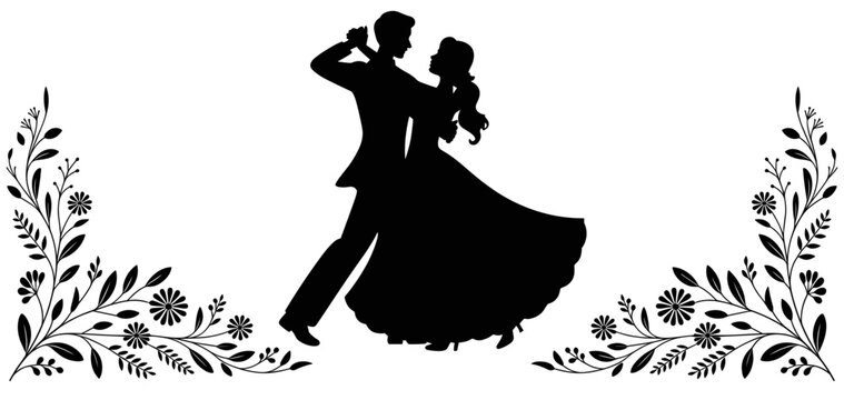 Black silhouette of a couple dancing together, surrounded by delicate floral corner decorations, isolated on a white background, for wedding or, romantic invitations