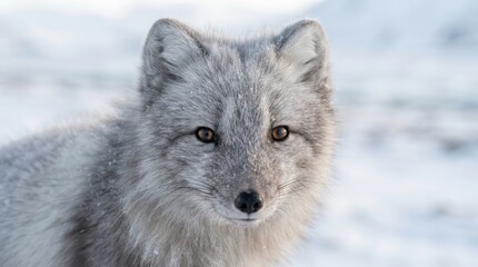 Naklejka premium Close-up portrait of an arctic fox with soft grey fur in a snowy landscape
