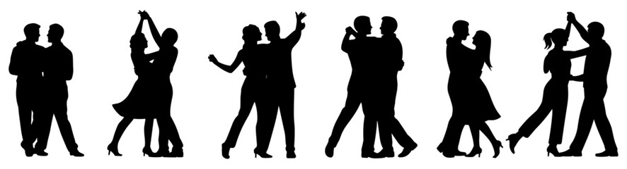 Fototapeta premium Six black silhouettes of couples dancing together in various ballroom poses, isolated on a white background, for wedding, party, or romantic themed projects