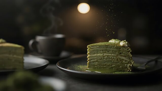 Matcha crepe cake slice with powdered sugar falling in a dark moody cafe setting.