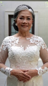 Vertical video: Camera rolling smiling woman widening smile in doorway in lace dress for wedding