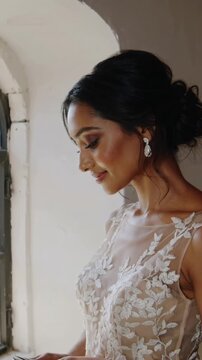 Vertical video: Gazing bride posing by window, soft light causing small smile revealing lace