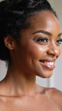 Vertical video: Sunlit urging woman opening eyes smiling on set with bare shoulders stud dew makeup
