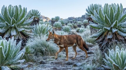 Naklejka premium Ethiopian wolf walks through a frosty alpine landscape with unique plants