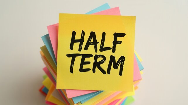 Half Term text on a yellow sticky note on a stack of colorful paper notes