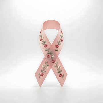 Pink awareness ribbon with floral embroidery isolated on a white background