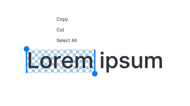 Digital text selection with copy cut menu for lorem ipsum placeholder editing in software interface