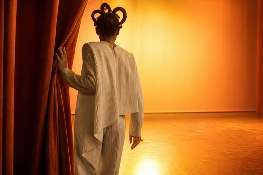 Backstage performer opening curtain on warm theatre stage