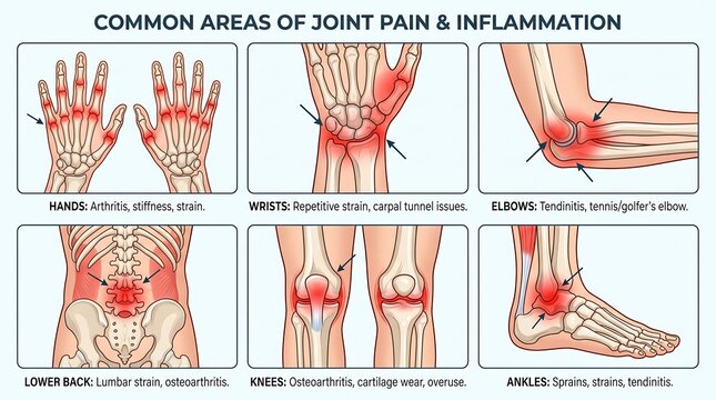 Medical illustration of common areas of joint pain and inflammation, anatomical chart of arthritis and body aches, healthcare infographic