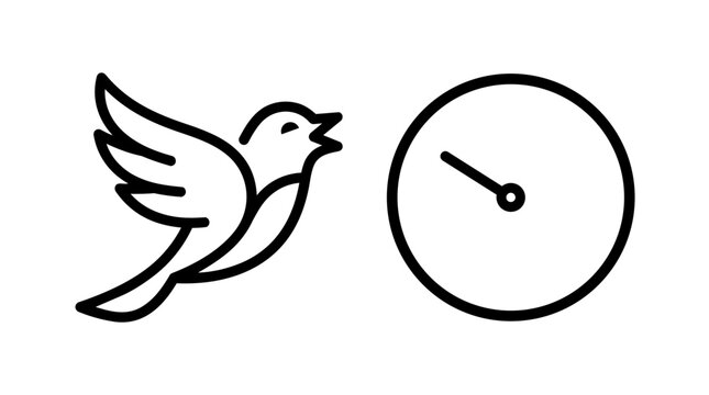 Flying bird and clock icon symbolizing time freedom and nature balance in flat design