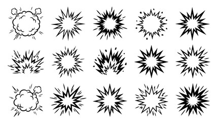 Obraz premium Black and white comic book explosion icons set with dynamic impact effects and stylized bursts