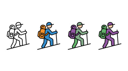 Fototapeta premium Four diverse hikers walking with backpacks and trekking poles on flat trail vector illustration