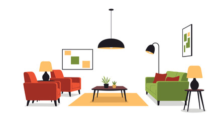 Fototapeta premium Stylish modern living room interior design with a green sofa, comfortable orange armchairs, and coffee table.