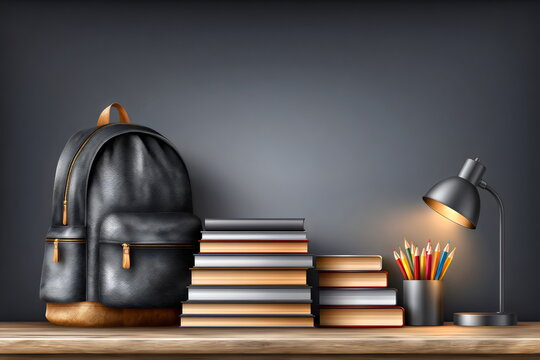 Books and backpack on a wooden shelf with a lamp and pencils in a simple study space