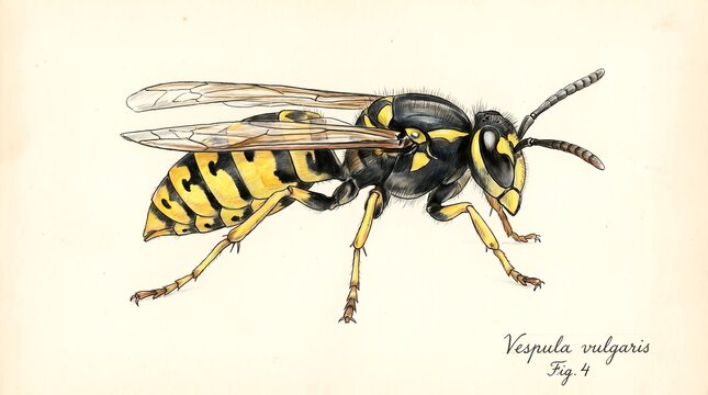 Vintage common wasp illustration, Vespula vulgaris scientific drawing, antique yellow jacket insect art on aged paper background