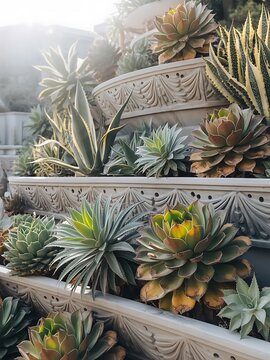 Tiered stone planter filled with diverse succulent plants and agave in bright sunlight.
