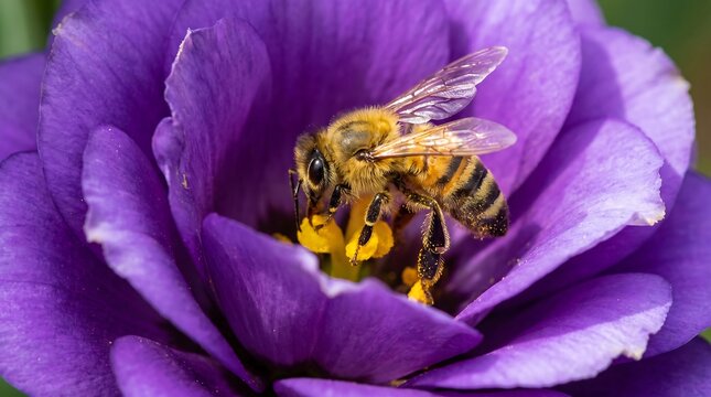 Honey bee collecting pollen on purple flower, macro photography of honeybee in violet blossom, nature and spring concept