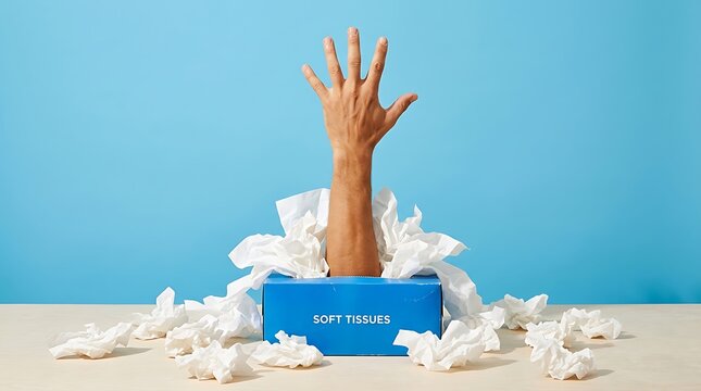 Hand reaching out of tissue box surrounded by scattered paper tissues