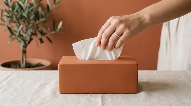 Hand pulling paper tissue from terracotta box on table surface with terracotta