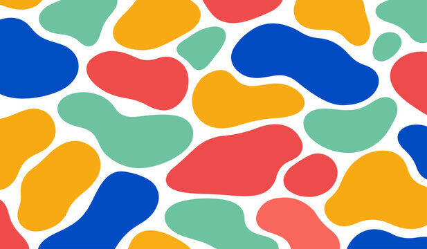 Colorful abstract organic fluid blobs pattern vector background with red blue yellow and mint green pebble shapes on white