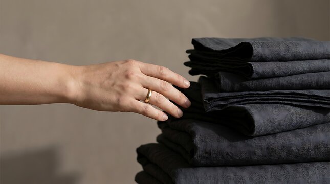 Hand touching stack of dark gray patterned towels and linens with textiles