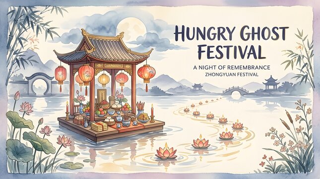 Watercolor illustration of a traditional pavilion with offerings for the hungry ghost festival
