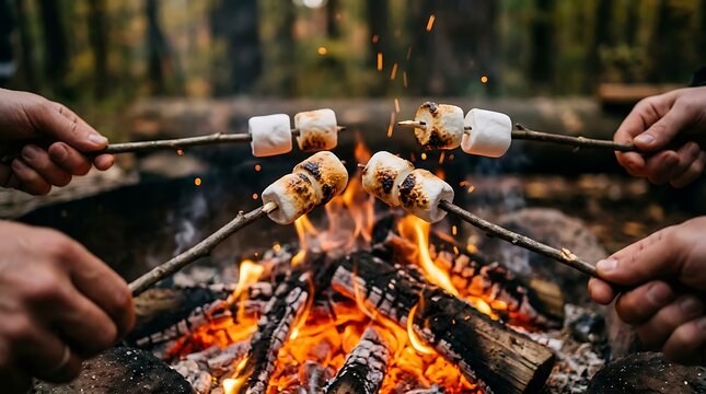 Friends roasting marshmallows together over campfire outdoors in forest