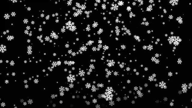 Abstract winter snowfall motion graphic loop, falling white snowflakes backdrop element, winter season snowflake overlay effect, magic snow particles falling on black background.4k video